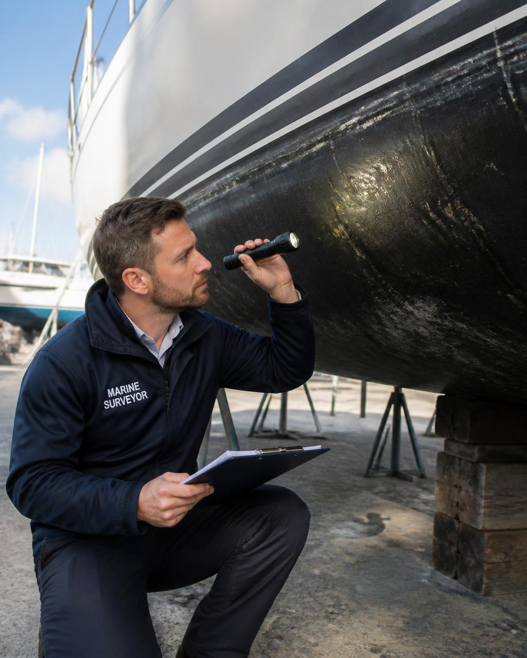 Marine surveyor inspecting a hull in a boatyard