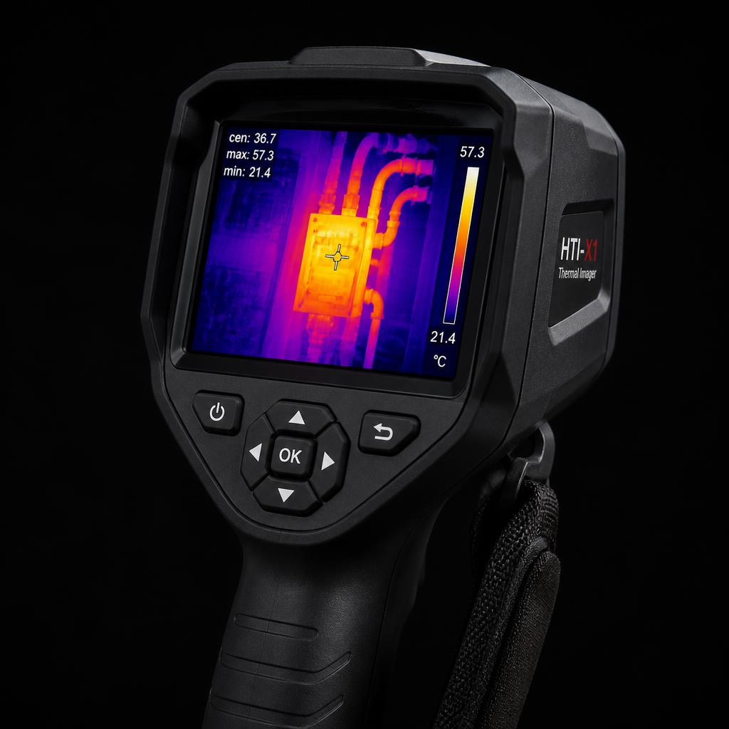 Handheld thermal imaging camera showing a heat map